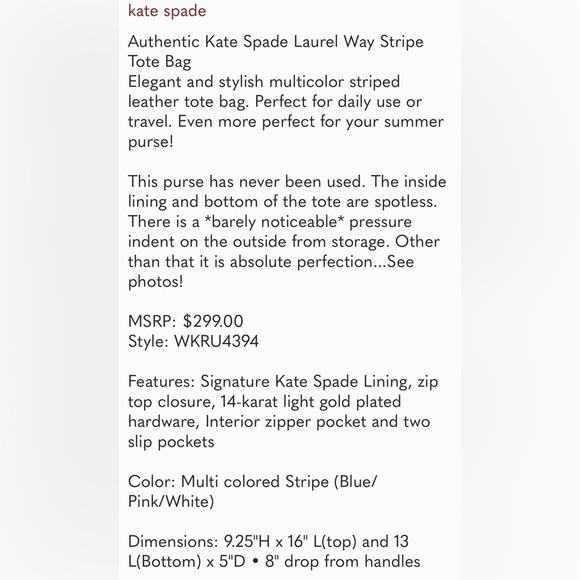 Kate Spade Laurel Way Nautical Summer Striped Tote Used once - Picture 2 of 13